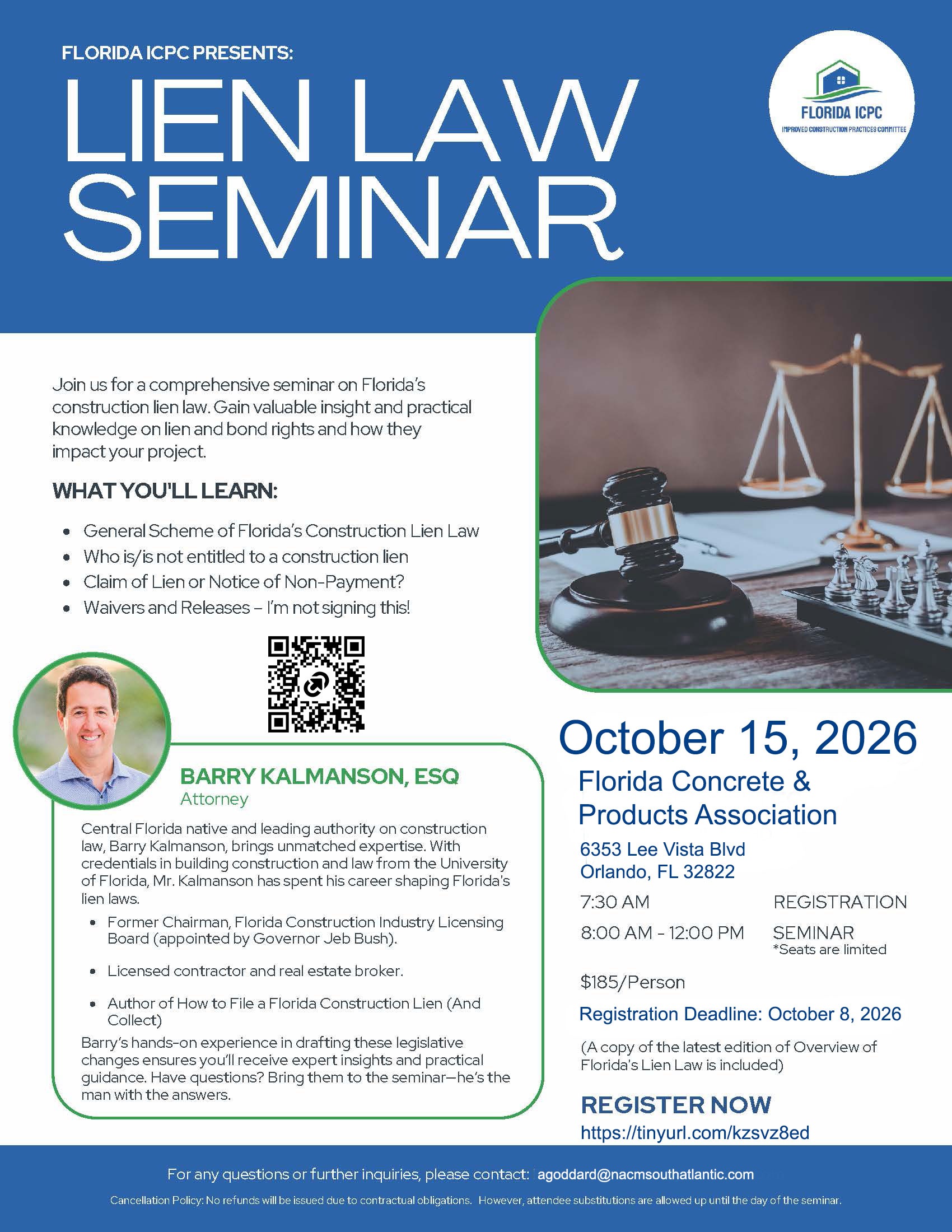 Complete flyer for Florida Construction Lien Law Seminar October 15 2026 in Orlando